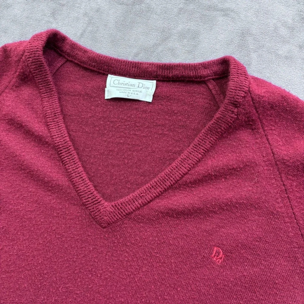 Vintage Christian Dior V-Neck Sweater Burgundy Orlon Acrylic Made in USA Mens L
